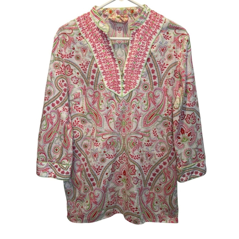 Robert Graham Womens Pink Paisley Embroidered Cotton 3/4 Sleeve Top XL Resortwea